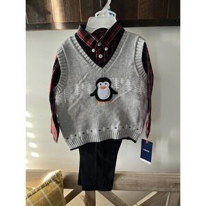 NWT Toddler Boys Izod 3 Pc Christmas Outfit Penguin Sweater Shirt Pants Set 24mo